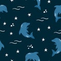 Vector seamless pattern jumping dolphin on dark blue background. Cute marine animal digital paper. Summer night sea water texture Royalty Free Stock Photo