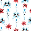 Vector seamless pattern, kawai kawaii unhappy coronavirus, happy injection and lungs. Cute smiling faces. Zero covid.