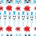 Vector seamless pattern, kawai kawaii unhappy coronavirus, happy injection and lungs in rows. Cute smiling faces. Zero