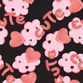 Vector seamless pattern with kawai pink clouds, hearts and inscription Cute on a black background. Cute backdrop for your design. Royalty Free Stock Photo