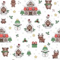 Vector seamless pattern with kawaii house, snowman, bird. Cute repeat background with snowflakes and cozy decorated cottage.