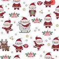 Vector seamless pattern with kawaii Santa Claus. Cute repeat background with Santas, present, sack, sleigh. Father Frost digital