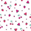 Vector seamless pattern with kawaii watermelons, cherries, strawberry on white background Royalty Free Stock Photo