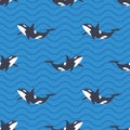 Vector seamless pattern with killer whales or orcas in the sea.