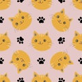 Vector seamless pattern with kittens and paw`s footprints.