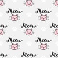 Vector seamless pattern with kittens and paw`s footprints. Meow lettering. Royalty Free Stock Photo