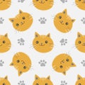 Vector seamless pattern with kittens and paw`s footprints. Royalty Free Stock Photo