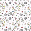 Vector seamless pattern with knitting accessories, balls of yarn, spokes and scissors