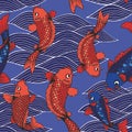 Vector seamless pattern with koi carps and waves on a blue background. Hand drawing