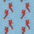 Vector seamless pattern with koi carps and waves on a blue background. Hand drawing in Japanese style