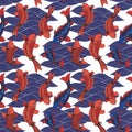 Vector seamless pattern with koi carps and waves. Hand drawing