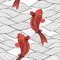 Vector seamless pattern with koi carps and waves on a white background. Hand drawing. Decorative background