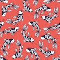 Vector seamless pattern with koi fishes, japanese carps. Oranges, blues, white