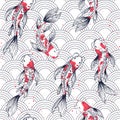 Vector seamless pattern with koi fishes, Japanese carps. Red, blues, white