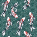 Vector seamless pattern with koi fishes, Japanese carps. Red, green, white