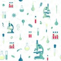 Vector seamless pattern with laboratory microscope, flasks, test tubes, pipettes and bacteria. For web, logo, app, UI Royalty Free Stock Photo