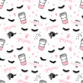 Vector seamless pattern with lashes and mascara, brush stroke, coffee cup. Closed eyes background.