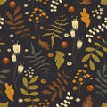 Vector seamless pattern with leaves, foliage, plants, flowers and berries in autumn colors. Royalty Free Stock Photo