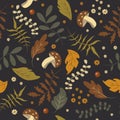 Vector seamless pattern with leaves, foliage, plants, flowers, mushrooms and berries in autumn colors Royalty Free Stock Photo
