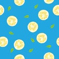 Vector seamless pattern of lemon and green leaves on a blue background