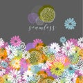 Vector seamless pattern with lemon, white, blue, pink stylized doodle flowers on gray background.