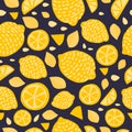 Vector seamless pattern with lemons on the black background. Vector illustration with citrus hand drawn background. Yellow lemon Royalty Free Stock Photo