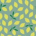 Vector seamless pattern with lemons on olive green background. Juicy fruits pattern.