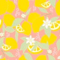 vector seamless pattern lemons and sliced lemons on a pink background. Summer lemon pattern for background, fabric, paper, textile Royalty Free Stock Photo
