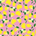 vector seamless pattern lemons and sliced lemons on a pink background. Summer lemon pattern for background, fabric, Royalty Free Stock Photo