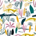 Cute vector seamless pattern with leopard, plants, jungle leaves, snags