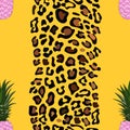 Vector Seamless pattern of leopard skin and pink pineapple on yellow background,illustration Leopard print, Wild Animals and Royalty Free Stock Photo