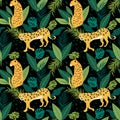 vector seamless pattern with leopards and tropical plants