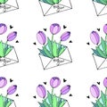 Vector seamless pattern with letter, flowers tulips, hearts. Hand drawn texture, background