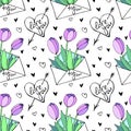 Vector seamless pattern with letter, flowers tulips, hearts and lettering of love theme. Hand drawn texture