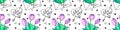 Vector seamless pattern with letter, flowers tulips, hearts and lettering of love theme. Hand drawn texture, background