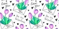 Vector seamless pattern with letter, flowers tulips, hearts and lettering of love theme. Hand drawn texture, background