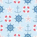 vector seamless pattern with lifebuoy, anchor, starfish, helm