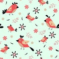 Vector seamless pattern on light blue with birds and flowers. Background for Wallpaper, textile, plastic and web design