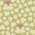 Vector seamless pattern of light-colored leaves and a pink flower on a sepia background with a floral ornament. Royalty Free Stock Photo