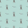 Vector Seamless Pattern With Lighthouse And Seagulls. Marine And Nautical Backgrounds. Sea Theme. Vintage Illustration.