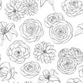 Vector seamless pattern with lily, chrysanthemum, camellia, peony and rose flowers line art on the white background.