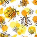 Vector seamless pattern with linear bee, liquid honey and watercolor honeycombs.