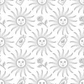 Vector seamless pattern with linear suns and roses on white. Esoterical endless illustration with outline object Royalty Free Stock Photo