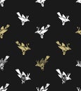Vector seamless pattern. linocut style with white and gold birds. Royalty Free Stock Photo