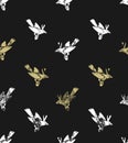 Vector seamless pattern. linocut style with white and gold birds.