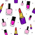 Vector seamless pattern with lipstick, nail polish