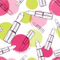 Vector seamless pattern with lipsticks and watercolor blots.