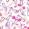 Vector seamless pattern with lipsticks, watercolor blots and splashes.