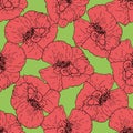 Vector seamless pattern made of red poppy. a pattern of a painted poppy flower in a sketch style of red color randomly arranged on