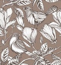 Vector seamless pattern of magnolia flowers, branches and birds. Royalty Free Stock Photo